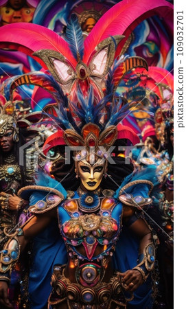 group of carnival-goers dressed in elaborate costumes, set against a lively carnival backdrop 109032701