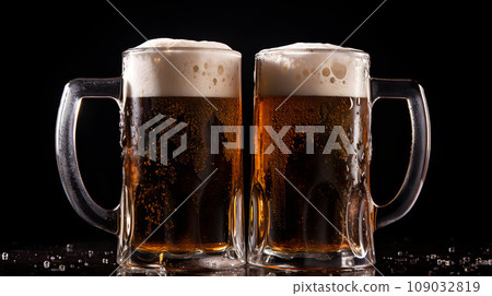 Two glass mugs, filled with dark beer Two glass mugs, filled with dark beer 109032819