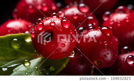 Cranberry. Fresh ripe red berry with leaves 109032825