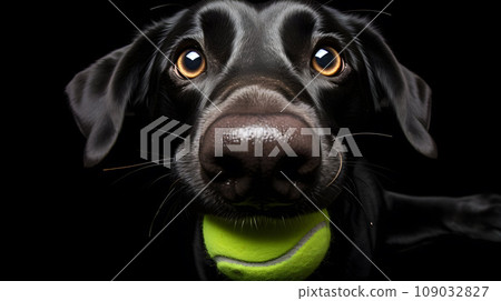Black Labrador holding tennis ball Black Labrador holding tennis ball 109032827