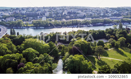 Amazing Drone point of view to auto road Park of Edmond de Rothschild. (stunning nature) . Amazing Drone point of view to auto road Park of Edmond de Rothschild. (stunning nature) . 109032865