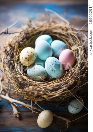 A rustic, natural background with a bird's nest filled with speckled Easter eggs A rustic, natural background with a bird's nest filled with speckled Easter eggs 109032914