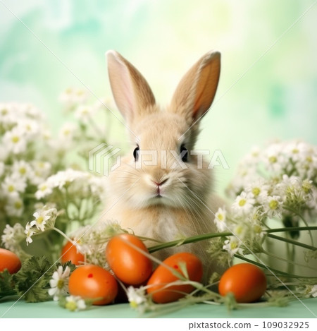 green background with a cute and whimsical Easter bunny in the center, surrounded by spring flowers green background with a cute and whimsical Easter bunny in the center, surrounded by spring flowers 109032925