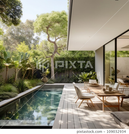 contemporary garden with a long, narrow pool surrounded by lush greenery contemporary garden with a long, narrow pool surrounded by lush greenery 109032934