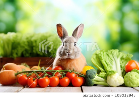green background with a cute and whimsical Easter bunny in the center, surrounded by spring flowers 109032943