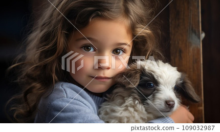 An adorable shot of a little girl hugging a baby goat, both of them looking into the camera An adorable shot of a little girl hugging a baby goat, both of them looking into the camera 109032987