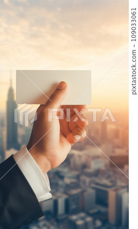 A person holding a business card with a city skyline 109033061