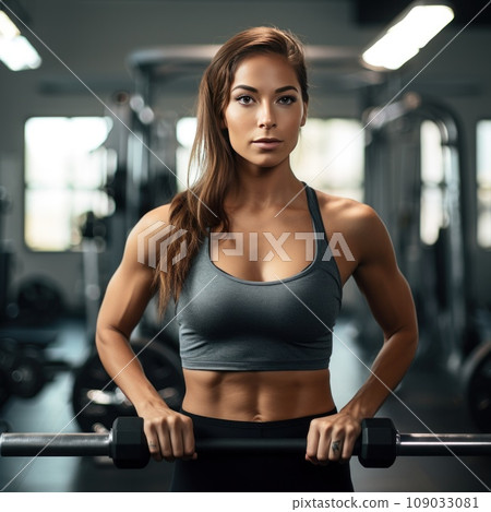 A woman in workout clothes lifting weights at the gym, with a determined expression on her face. A woman in workout clothes lifting weights at the gym, with a determined expression on her face. 109033081