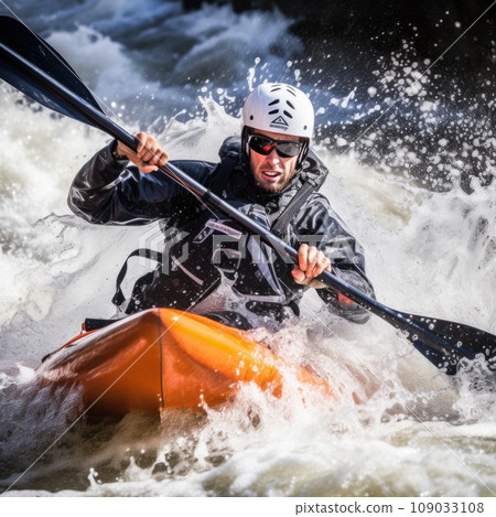 A kayaker navigating through rough white water rapids A kayaker navigating through rough white water rapids 109033108