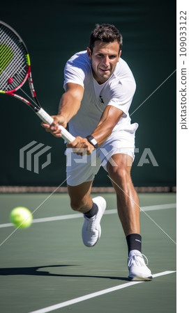 A tennis player hitting a forehand shot, with the ball in mid-air and the opponent visible in the background 109033122