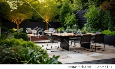 a modern garden with a unique set of outdoor furniture, well-maintained greenery 109033125