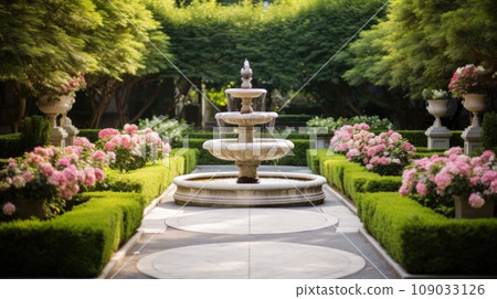 garden with a modern twist on a classic design, featuring a symmetrical layout, 109033126