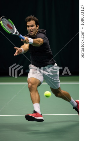 A tennis player hitting a forehand shot, with the ball in mid-air and the opponent visible in the background 109033127