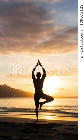 A man doing yoga on a beach, with the ocean and sunrise in the background 109033128