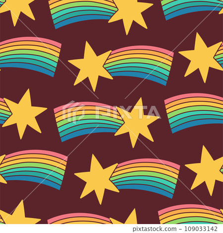 Cute hand drawn seamless pattern with stars and rainbows on dark background. Vector repeated design for kids fabric. Cute hand drawn seamless pattern with stars and rainbows on dark background. Vector repeated design for kids fabric. 109033142