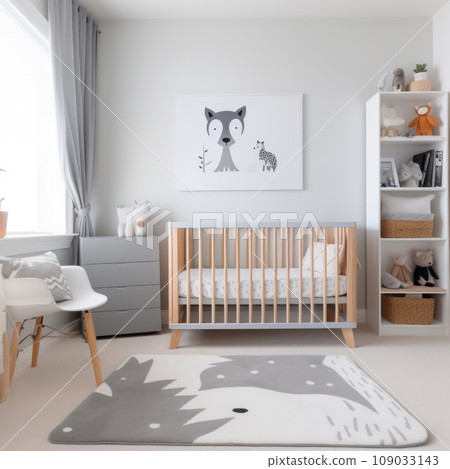 A stylish children's room with a gray and white color scheme, a wooden crib with a gray crib sheet A stylish children's room with a gray and white color scheme, a wooden crib with a gray crib sheet 109033143