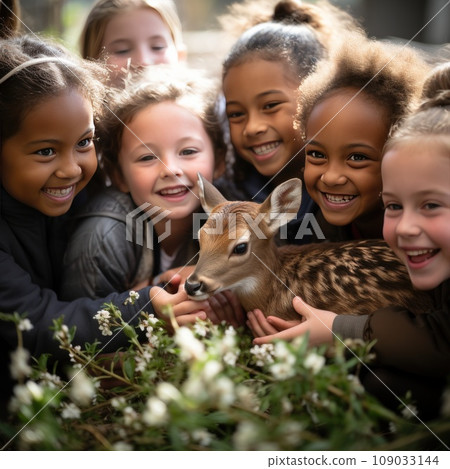 group of children gathered around a baby deer, smiling and gently petting its soft fur group of children gathered around a baby deer, smiling and gently petting its soft fur 109033144