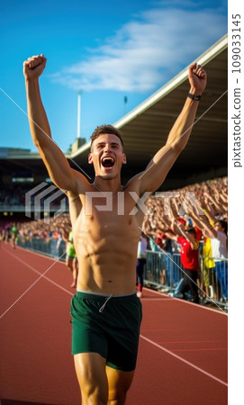 A runner crossing the finish line at a race, with a crowd cheering in the background A runner crossing the finish line at a race, with a crowd cheering in the background 109033145