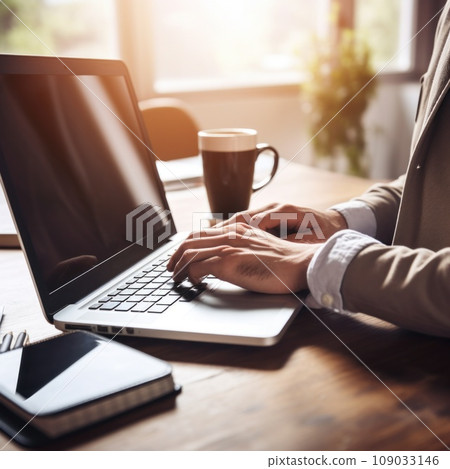 A person typing on a laptop with a mug of coffee and a notebook on a desk A person typing on a laptop with a mug of coffee and a notebook on a desk 109033146