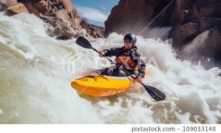 A kayaker navigating through rough white water rapids A kayaker navigating through rough white water rapids 109033148