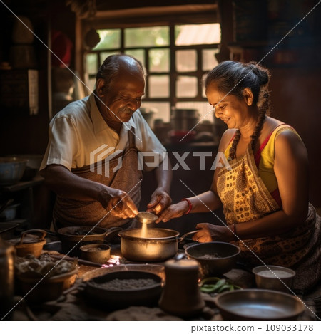 A touching stock photo of an old couple cooking breakfast together in their traditional kitchen A touching stock photo of an old couple cooking breakfast together in their traditional kitchen 109033178