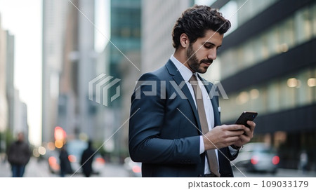 A man in a suit walking down a busy city street, looking at his phone with skyscrapers in background A man in a suit walking down a busy city street, looking at his phone with skyscrapers in background 109033179