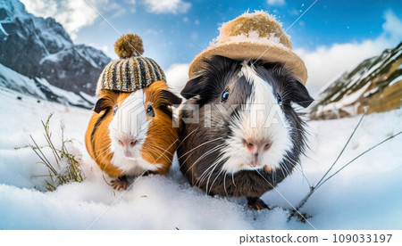 winter season concept. two guinea pigs wearing wool hats in snow landscape ,ai generated 109033197