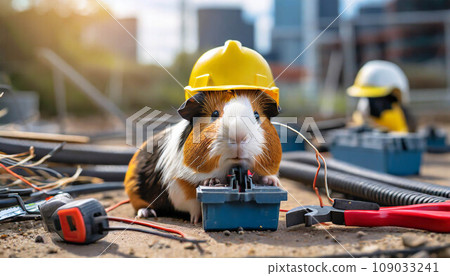 Electrician at work on construction site. Guinea Pig wearing helmet  ,ai generated 109033241