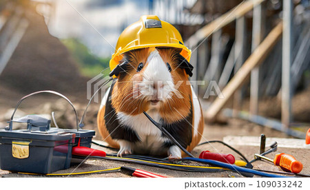 Electrician at work on construction site. Guinea Pig wearing helmet  ,ai generated 109033242