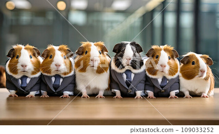 Job interview business concept. Applicants wearing suits sitting in line, waiting. Guinea Pigs    ,ai generated 109033252