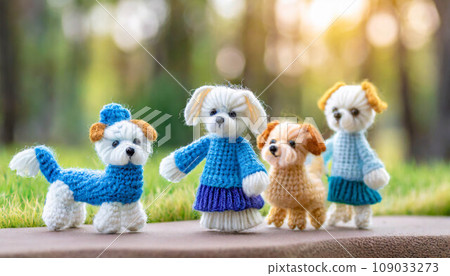 knitted dog puppies, cute playing dogs. wool dolls ,ai generated 109033273