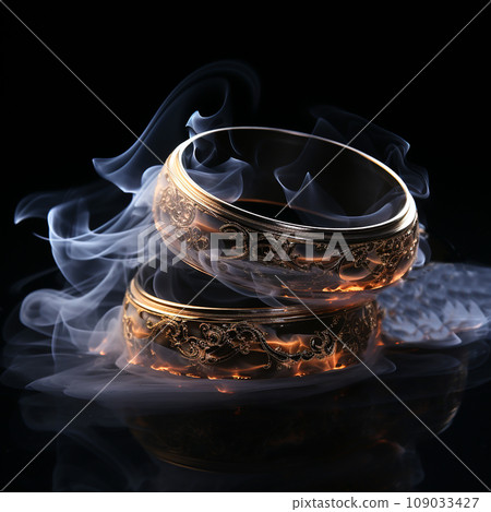 Two wedding rings burn and melt on black, fire of love, romantic background, wedding wallpaper Two wedding rings burn and melt on black, fire of love, romantic background, wedding wallpaper 109033427