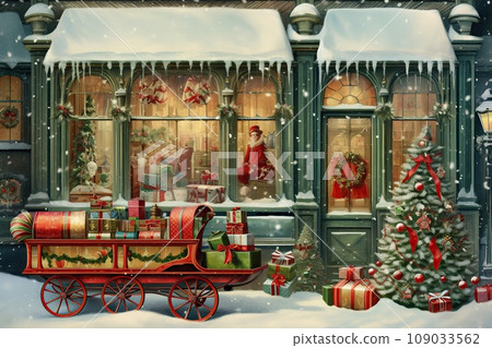 A storefront, antique toys and snow patterns on the glass, an old postcard A storefront, antique toys and snow patterns on the glass, an old postcard 109033562