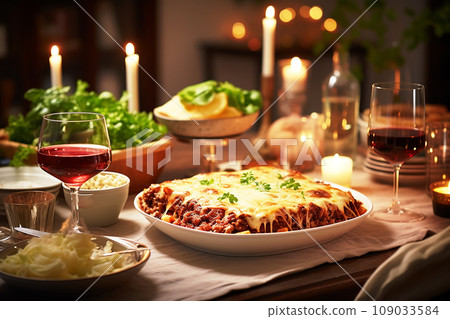 Family-style dinner table featuring a large tray of homemade lasagna Family-style dinner table featuring a large tray of homemade lasagna 109033584