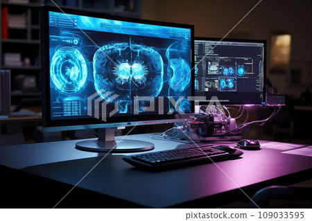 Computer screen displaying a 3D reconstruction of a CT scan, radiology workstation 109033595