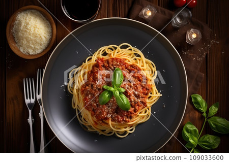 Classic spaghetti bolognese, highlighting the rich tomato sauce, perfectly cooked pasta, and grated Parmesan cheese 109033600