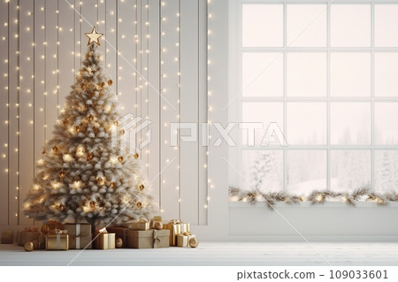 Christmas empty interior with garlanded fir tree, grey wall Christmas empty interior with garlanded fir tree, grey wall 109033601