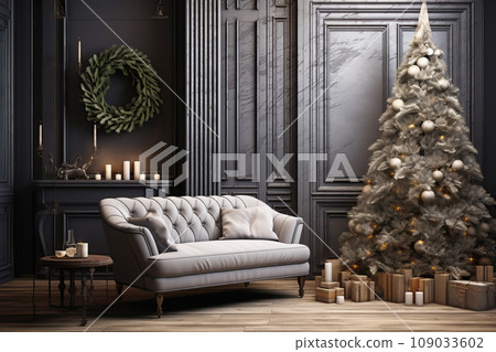 Christmas empty interior with garlanded fir tree, grey wall Christmas empty interior with garlanded fir tree, grey wall 109033602
