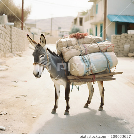 Little donkey is loaded with many boxes and packages, donkey is carrying lot of things, heavy load, hard work, hard life 109033637