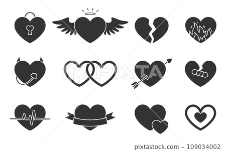 Love heart icon saint valentine day doodle black glyph silhouette set. Enchanted lock angel broken heart separation devil wedding cupid arrow heartbeat ribbon greeting patch reconcile isolated Love heart icon saint valentine day doodle black glyph silhouette set. Enchanted lock angel broken heart separation devil wedding cupid arrow heartbeat ribbon greeting patch reconcile isolated 109034002