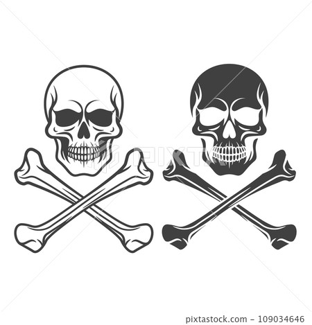 Vector Black and White Skull and Crossbones Icon Set Isolated. Skulls Collection with Outline, Cut Out Style in Front View. Hand Drawn Skull Head Design Template 109034646