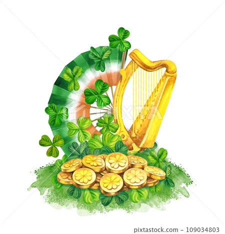 Watercolor fan, harp, coins and green shamrock. Design of a bright illustration of jewelry for St. Patrick's Day, magic, treasures, wishes of good luck. Element isolated on white background. Watercolor fan, harp, coins and green shamrock. Design of a bright illustration of jewelry for St. Patrick's Day, magic, treasures, wishes of good luck. Element isolated on white background. 109034803