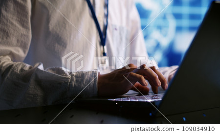 Knowledgeable expert developing artificial intelligence neural networks architecture inspired by human brain. Trained developer setting up AI machine learning algorithms in high tech startup, close up Knowledgeable expert developing artificial intelligence neural networks architecture inspired by human brain. Trained developer setting up AI machine learning algorithms in high tech startup, close up 109034910