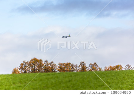 Plane about to land seen from Shujitsu no Oka, Asahikawa City, Hokkaido 109034990