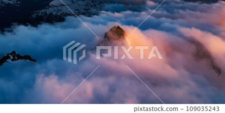 Canadian Mountain Landscape. Aerial Panoramic View. Dramatic Sunset. 109035243