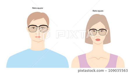 Retro Square frame glasses on women and men flat character fashion accessory illustration. Sunglass front view 109035563