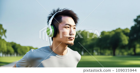 AI-generated image of a man jogging while listening to music in the park 109035944