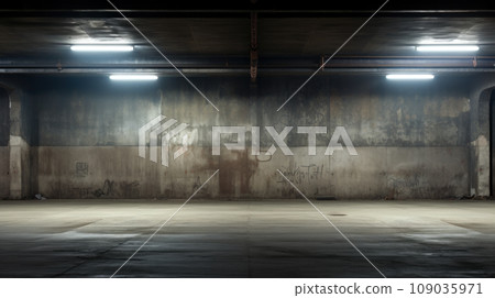 Blank grungy concrete wall mockup in underground parking, empty space to display advertising. Dark old warehouse, vintage garage. Concept of banner, logo, brand, background, 109035971