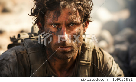 Portrait of tired dirty soldier during war close-up, muddy face of veteran in summer. Eyes of depressed Israeli army man after battle. Concept of Israel, ptsd, stress, military, dirt 109035981