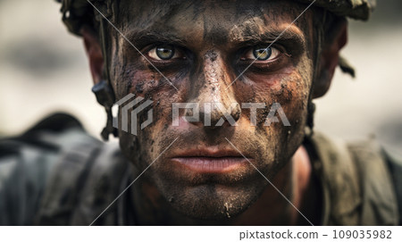 Portrait of soldier during war close-up, muddy face of tired veteran in helmet. Eyes of dirty depressed army man after battle. Concept of ptsd, stress, military, dirt Portrait of soldier during war close-up, muddy face of tired veteran in helmet. Eyes of dirty depressed army man after battle. Concept of ptsd, stress, military, dirt 109035982